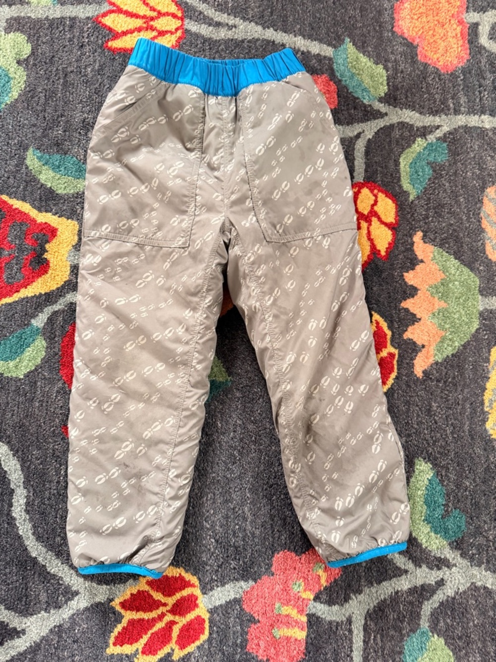 Patagonia Kids Fleece Lined Pants in Tan with Blue Waistband
